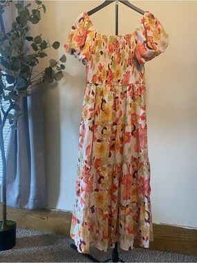 Floral Off-Shoulder Maxi Dress in Pink and Yellow